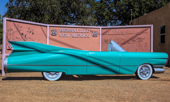 The 1950s Cadillac and Route 66 sign in Bernalillo, New Mexico, along the 1926 to 1937 Route 66 alignment between Santa Fe and Albuquerque